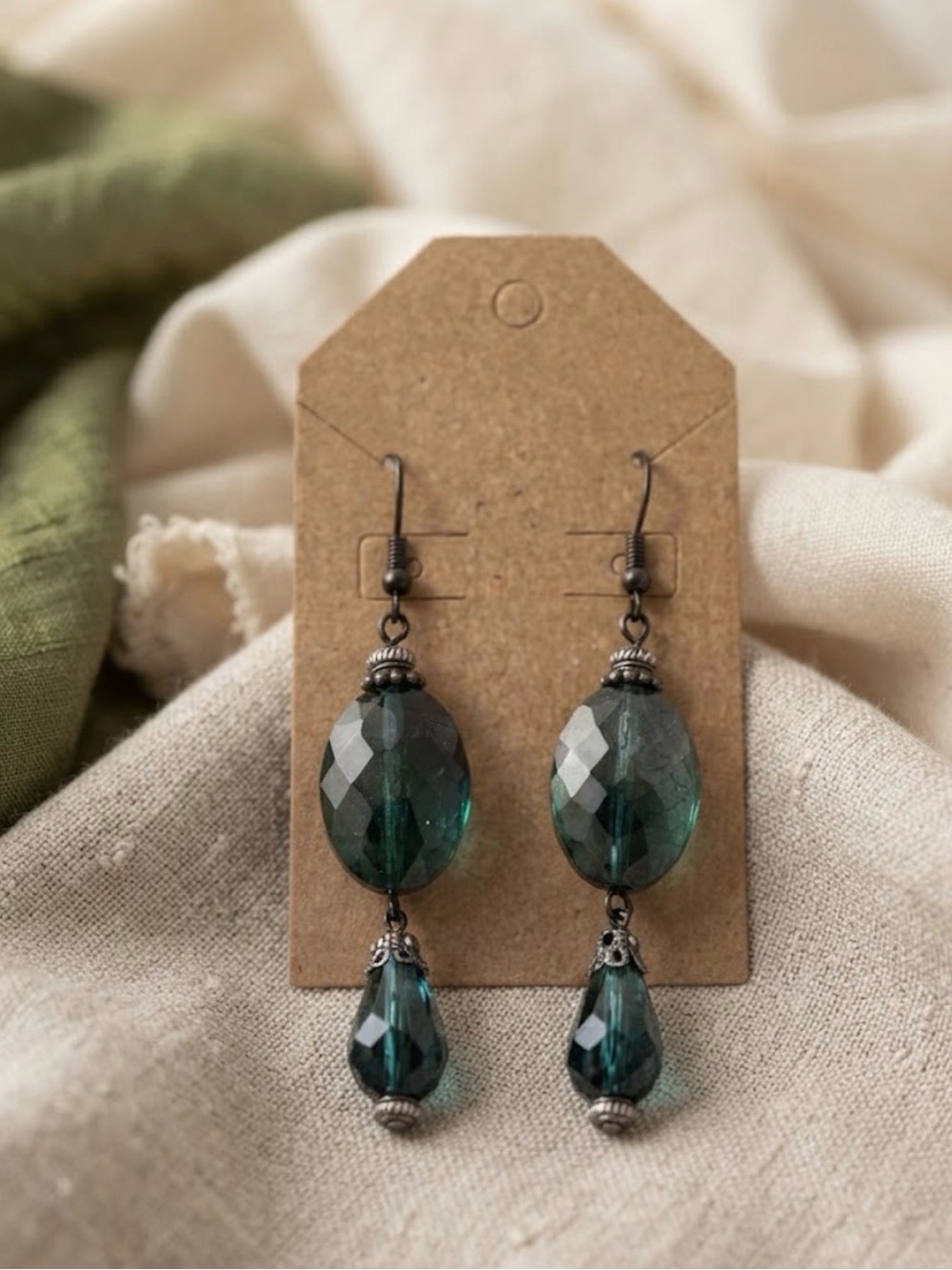 Emerald Green Faceted Glass Drop Earrings